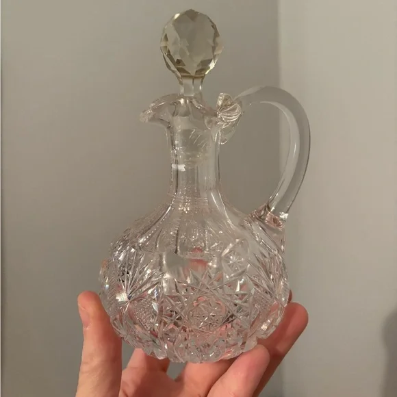 Antique Cut Glass Cruet with Handle & Stopper Etched Glass Decor Delicate Chip - Picture 2 of 14